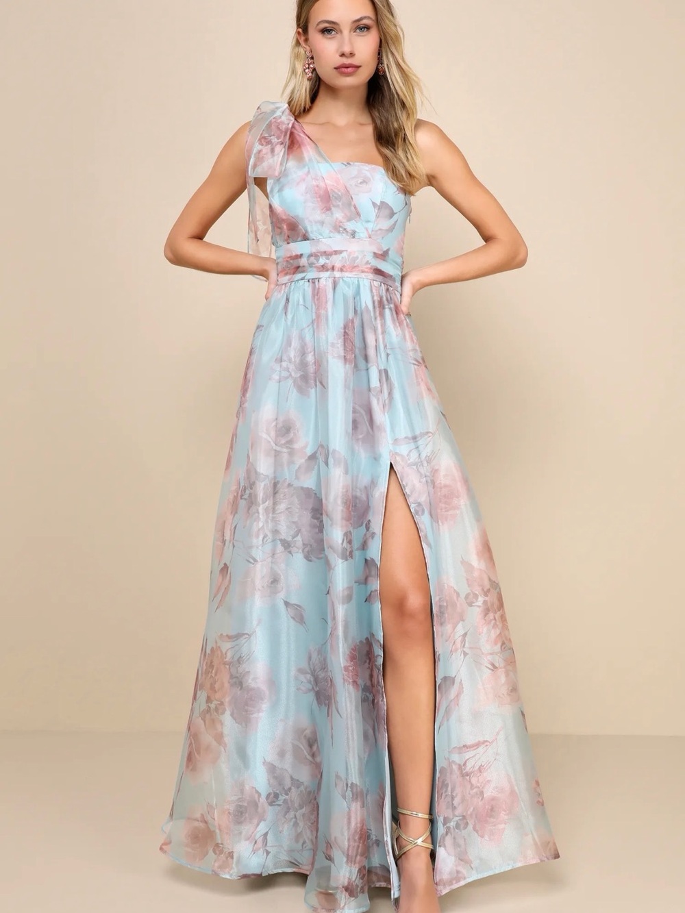 Lulu's One-Shoulder Pastel Floral Gown Dramatically Lovely